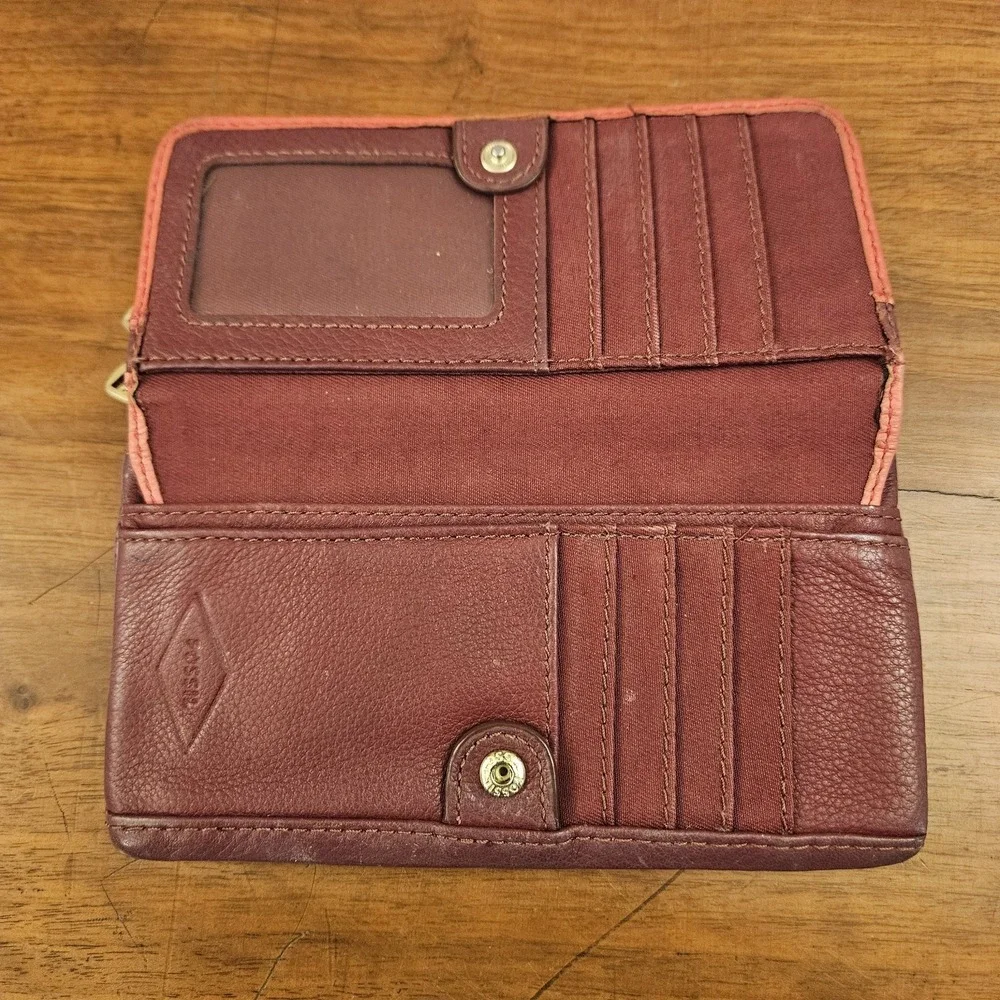 Fossil Preston Snap Bi-fold Pebbled Leather Wallet Pink Purple Card Slots Zipper